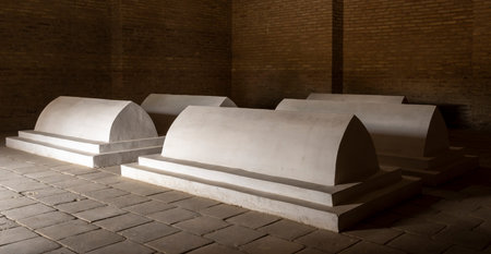 Samarqand, Uzbekistan - June 9, 2019: Five tombs at Shah i Zinda graveyard and mausoleums in...