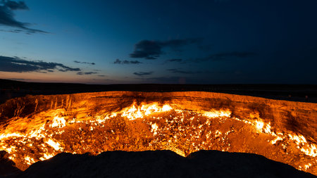 The fire of the Darwaza  (Derweze) gas crater in the Karakum Desert in Turkmenistan.の写真素材