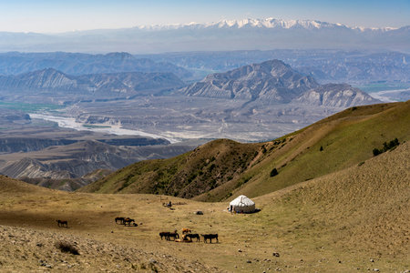Panorama of the Toguz Toro Pass with valley Kyrgyzstan on a summers day with blue sky and mountains with snow.の写真素材