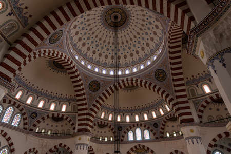 Ashgabat, Turkmenistan - June 1, 2019: Interior of the Ertugrul Gazi Mosque, courtyard, in the white and marble city of Asjchabad with great buildings and landmarks in Turkmenistan.のeditorial素材
