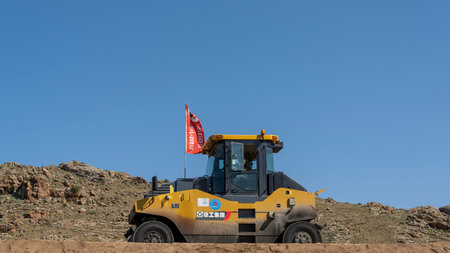 Numrug, Mogolia - August 10, 2019: Building a new road, the silk road, by Chinese companies in...