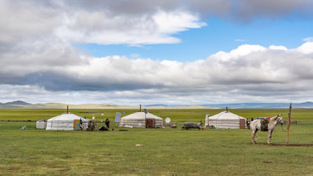 Tsagaan-Uul, Mongolia - August 11, 2019:  Three white yurts on the wide and green steppe of Mongolia with horse.のeditorial素材