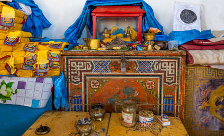 Songino, Mongolia - august 9, 2019: A Buddhist temple near the town of Songino with offers, money, in Mongolia.のeditorial素材