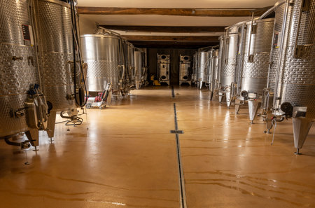 Meursault, France - July 2, 2020: Stainless Steel wine barrels in the cellar of the domaine Ropiteau...
