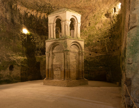 Aubeterre-sur-Drone, France - June 12, 2022: Subterranean monolithic church of Saint-Jean in the small city of Aubeterre-sur-Drone in France, one of the Plus Beaux Villages de France.のeditorial素材