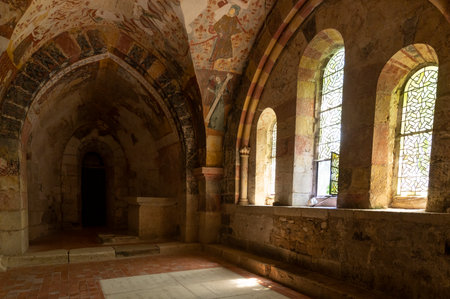 Gargilesse-Dampierre, France - June 14, 2022: Frescos in the crypt of the Notre-Dame in the small village Gargilesse, one of the Plus Beaux Villages de France.のeditorial素材