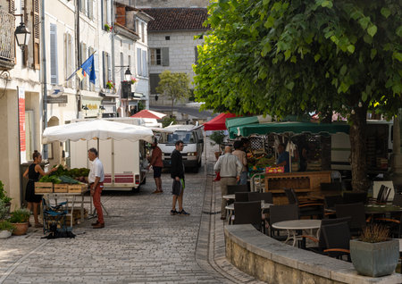 Aubeterre-sur-Drone, France - June 12, 2022: Market in the small city of Aubeterre-sur-Drone in France, one of the Plus Beaux Villages de France.のeditorial素材