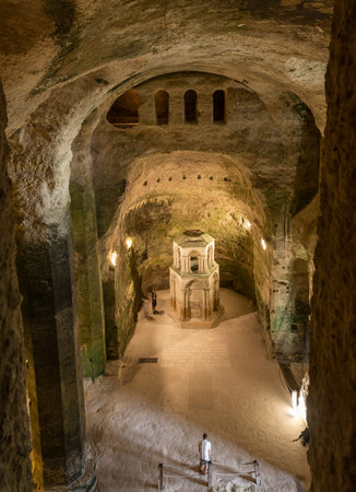Aubeterre-sur-Drone, France - June 12, 2022: Subterranean monolithic church of Saint-Jean in the small city of Aubeterre-sur-Drone in France, one of the Plus Beaux Villages de France.のeditorial素材
