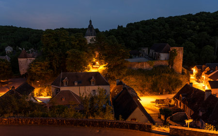 Gargilesse-Dampierre, France - June 14, 2022: Street, terrace and small street in the night in the small village Gargilesse, one of the Plus Beaux Villages de France.のeditorial素材