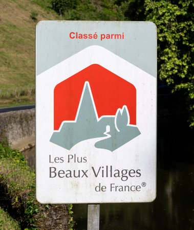 Segur-le-Chateau, France - June13, 2022: Sign along the road of the 'Les Plus Beaux Villages de France'.のeditorial素材