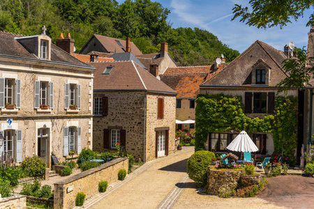 Gargilesse-Dampierre, France - June 14, 2022: Terrace and small street in the small village Gargilesse, one of the Plus Beaux Villages de France.のeditorial素材