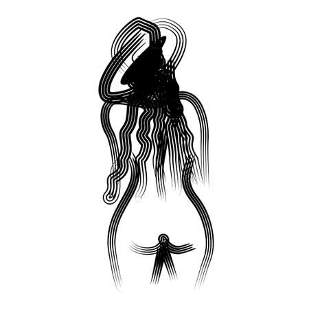 Back view of female body with minimalistic line sketch. Vector illustrationのイラスト素材