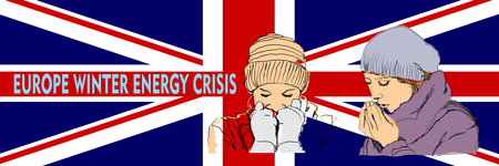 Hand drawn illustration of a cold person on a United Kingdom flag background, with the inscription winter european energy crisis. perfect for postersのイラスト素材