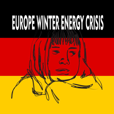 Hand drawn illustration of a cold person on a German flag background, with the inscription winter european energy crisis. perfect for postersのイラスト素材