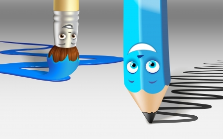  Cartoon pencil and brush at workのイラスト素材