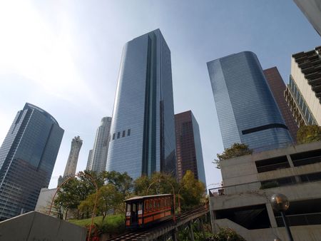 Downtown LA towers and it's historic Angels Flight Incline Railroad.  の写真素材
