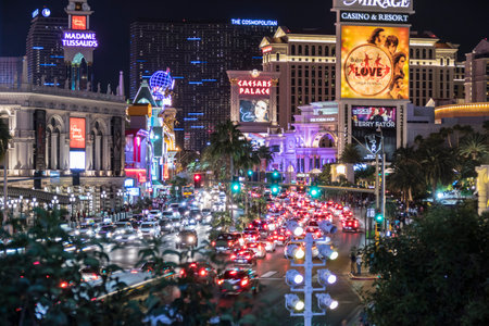 Las Vegas, Nevada, USA - October 10, 2015:  Night weekend traffic on the Las Vegas Strip.のeditorial素材