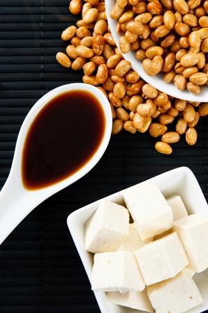 Soybeans, Soy Sauce and Tofu represent serious food allergens and a source of proteinの写真素材