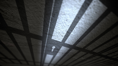Jail cells shadows on the prison floor.の写真素材