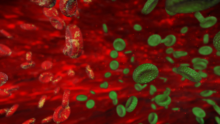 Infected blood cells in artery. Virus with streaming blood cells in artery.の写真素材