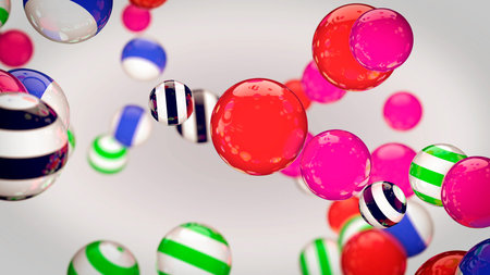 Abstract color striped spheres in air on white background