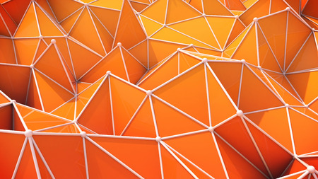 abstract background consisting of orange triangles, spheres and curves of different shades.の写真素材