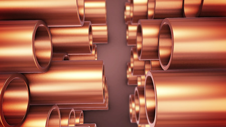 3d rendering of copper pipes stack with reflectionの写真素材
