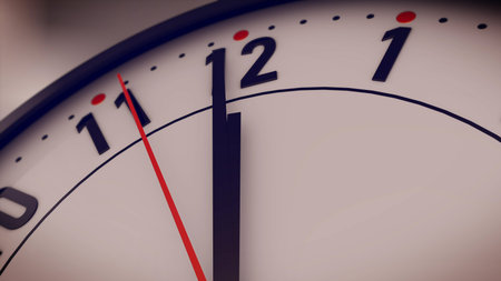 3d rendering of Hands pointing to midday on clock face. Closeup.
