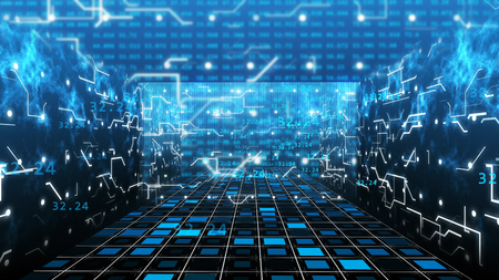 3d illustration of Abstract technology concept with numbers and circuit board imitation on a blue background. Internet technology business.の写真素材