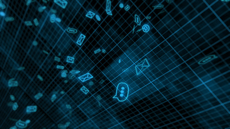 Background with media email icons on a dark grid background. 3d rendering.の写真素材
