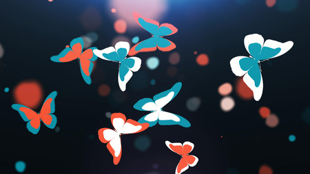 Splenid 3D illustration of the blue and red and white butterflues in the black background with tender looking wings. The butterflies look simplistic and impressiveの写真素材