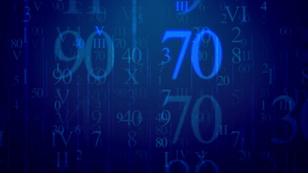 Fantastic 3d rendering of luminous light blue Latin and Arabic digits, with huge 90 and 70, having...