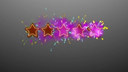 Impressive 3d rendering of five brown and violet stars on the gray background with sparkling golden...