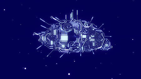 Hi-tech 3d illustration of an artificial intelligence eye with glowing circuits, rhomb devices,...