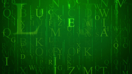 3d rendering of an electronic letter in cyberspace  with sparkling English letters, beaming thin ans thick lines, of different sizes and shapes in the dark green and holographic backgroundの写真素材