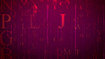 Impressive 3d illustration of computer modeled rosy letters having a variety of shapes and dazzling in the purple background as if they are flying in some fantastic cyber realityの写真素材