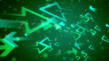 Multilayered 3d rendering of big and small arrows of two light green shades opposing each other. The multishaped x and y signs are flying between them in the dark green backgroundの写真素材