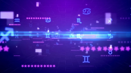 Dreamlike 3d rendering of whirling pink and blue Zodiac constellation signs, rows of stars, dots and lines in the dark blue background. The signs of Libra, Cancer, Virgo, are used the most frequentlyの写真素材
