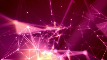 Perplexing 3d rendering of some psychodelic expedition through light pink network with sparkling spots, thin rays, numerous pyramid and crystal looking links in the dark purple  backgroundの写真素材