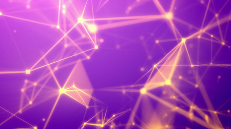 Wonderful 3d illustration of a science fiction Internet based system with a lot of dazzling and blurred light rosy and pink lines, multi-sided surfaces, bright spotlights, and the violet backgroundの写真素材