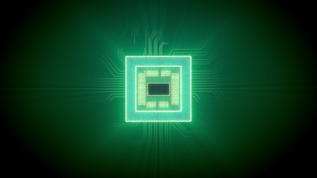 Advanced 3d illustration of a square CPU with chips inside in a cyberspace with cross looking tubes placed under it in the dark green background. It looks hi-tech and futuristic.の写真素材