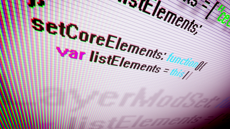 Salient 3d rendering of a computer screen covered with a network put diagonally with a macro shot of innovative coding. It includes such signs as bit, equal, and specific words.の写真素材