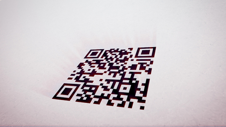 Esthetic 3d rendering of an abstract QR code scanner turned askew. The black and white code is put in the center in the white backdrop. It looks common but inspiringの写真素材
