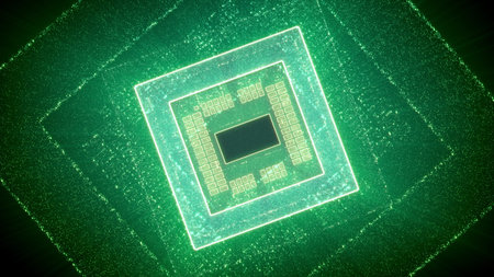 Abstract 3d rendering of a square CPU in a cyberspace with a time portal with shimmering squares of...