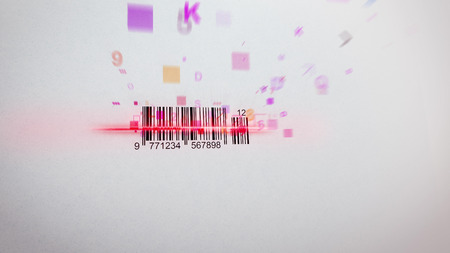 Impressive 3d illustration of an abstract Barcode scanning procedure with flying symbols, numbers, figures of yellow, red and pink colors. The black and white code is covered with a red laser lineの写真素材