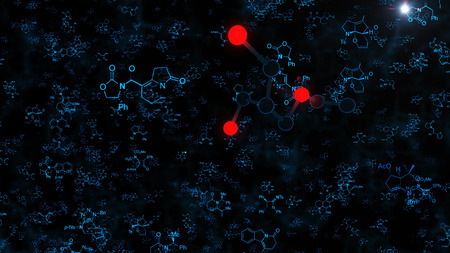 An astonishing 3d rendering of black and red molecule structures on the black background with white sparkling spots, blue formulas and letters. The blue case covers the black molecules.の写真素材