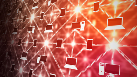 A neo-geo 3d rendering of red and brown computer network from screens and smart phones connected like square and rhomb figures put aslant with shining dots between themの写真素材