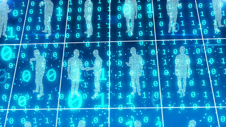 An original 3d illustration of transparent and identical business people standing in world office square cells of a light blue network, speaking, calling, and discussing, in the bit backgroundの写真素材