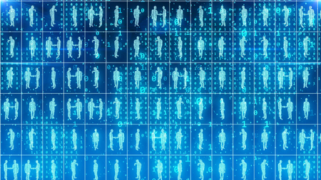 A futuristic 3d rendering of identical businessmen and women standing in world office square cells of a light blue network imposed on the digital map in the background.の写真素材