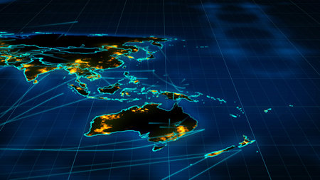 A holographic 3d illustration of a world map placed askew, with a light blue network, bright and...